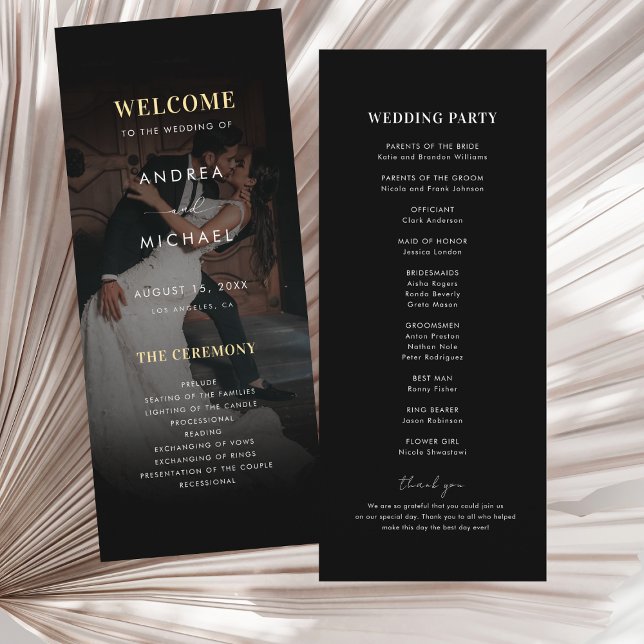 Modern Dark Faded Photo Gold & Black Wedding Programme (Creator Uploaded)