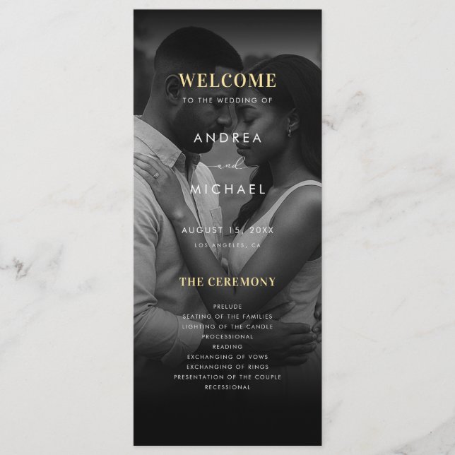 Modern Dark Faded Photo Gold & Black Wedding Programme (Front)