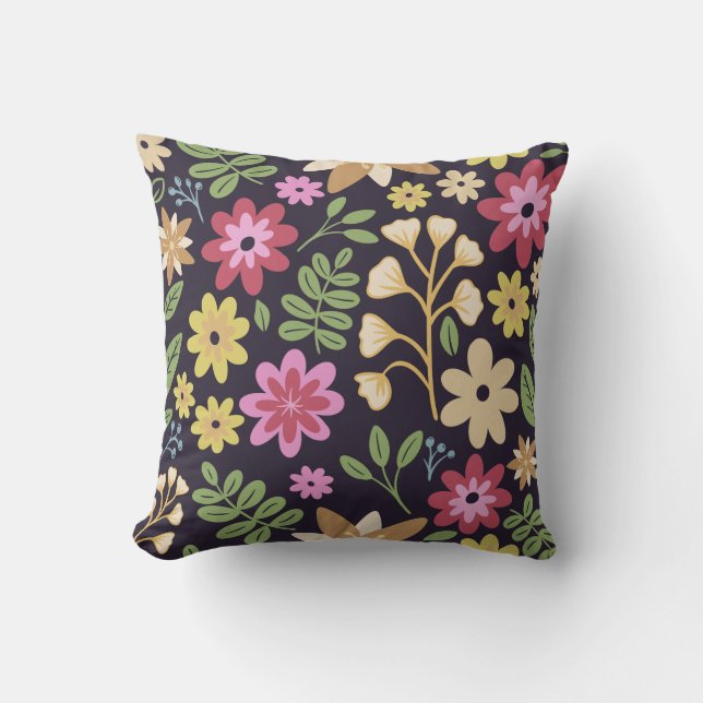 Modern Dark Floral Multicolored Flowers Cushion (Front)