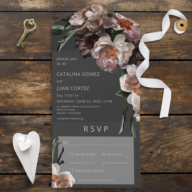 Modern Dark Flower Blossoms Black Dinner All In One Invitation (Also available with a QR code or without dinner selection options.)