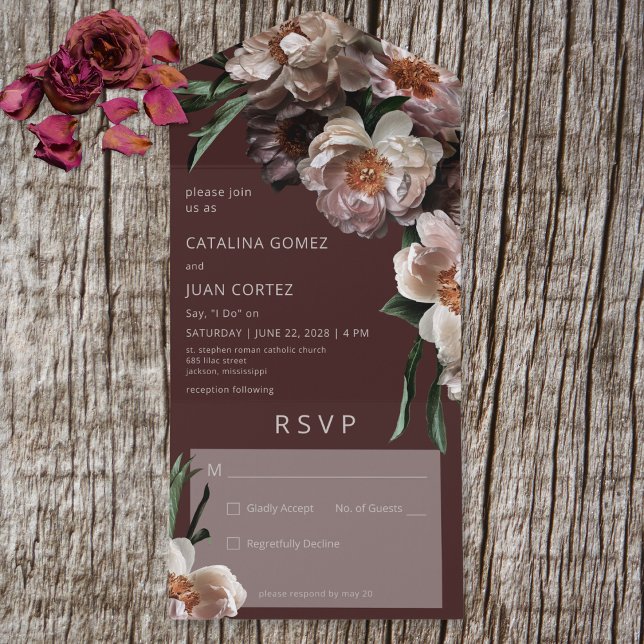 Modern Dark Flower Blossoms Burgundy No Dinner All In One Invitation (Also available with a QR code or with dinner selection options.)