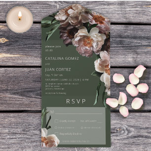 Modern Dark Flower Blossoms Green Dinner All In One Invitation