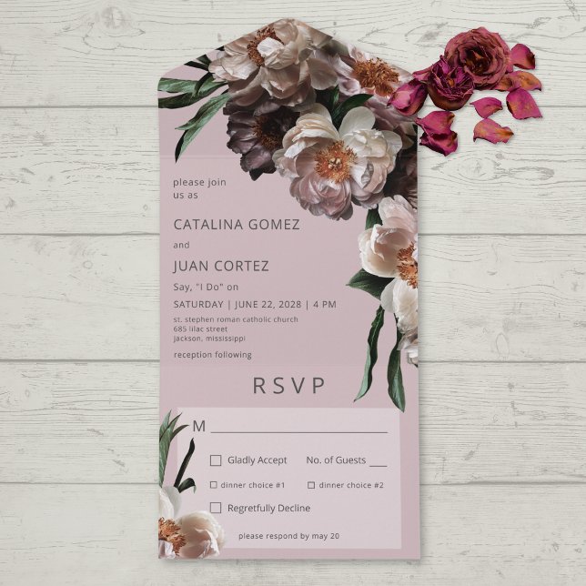 Modern Dark Flower Blossoms Soft Pink Dinner All In One Invitation (Also available with a QR code or without dinner selection options.)