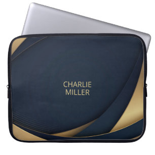 Modern Dark-Gold Abstract Background & Custom Name Laptop Sleeve