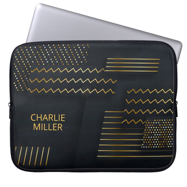 Modern Dark-Gold Abstract Background & Custom Name Laptop Sleeve (Front)