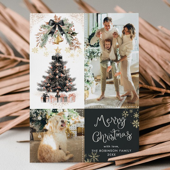 Modern Dark Gold Black Bow Merry Christmas 2 Photo Holiday Card (Creator Uploaded)