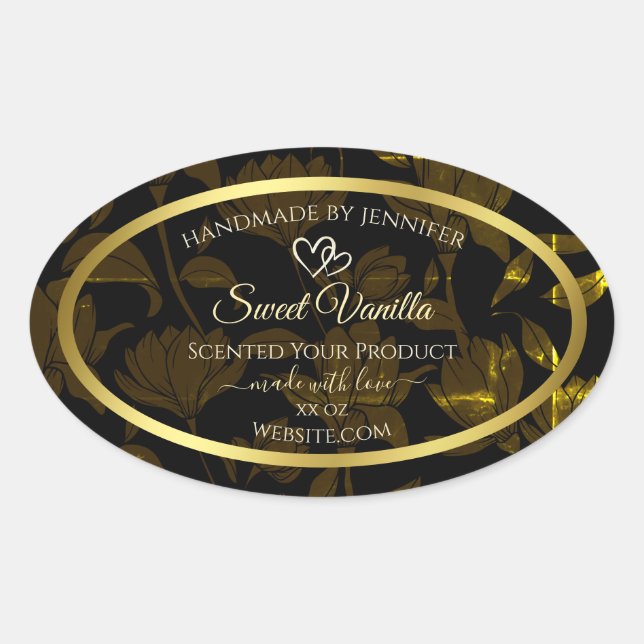 Modern Dark Gold Floral Product Packaging Labels (Front)