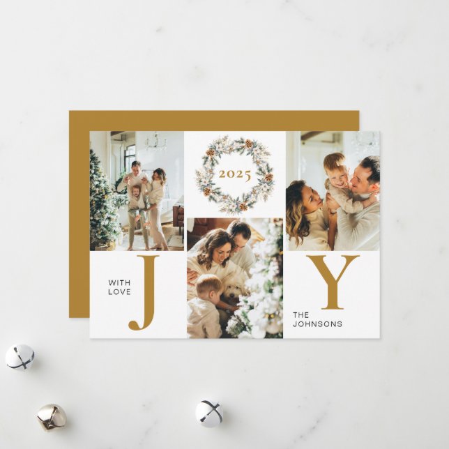 Modern Dark Gold Photo Collage Joy Christmas Holiday Card (Front/Back In Situ)
