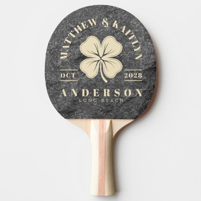 Modern Dark Granite Irish Clover Wedding Crest Ping Pong Paddle (Front)
