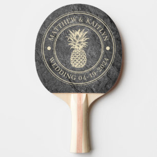 Modern Dark Granite Pineapple Wedding Crest & Name Ping Pong Paddle