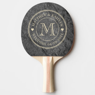 Modern Dark Granite Stone Wedding Monogram Heart Ping Pong Paddle