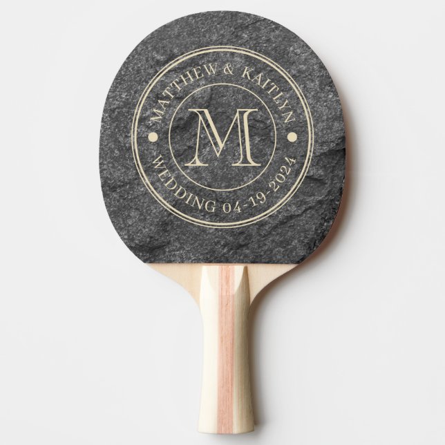 Modern Dark Granite Stone Wedding Monogram Ping Pong Paddle (Front)