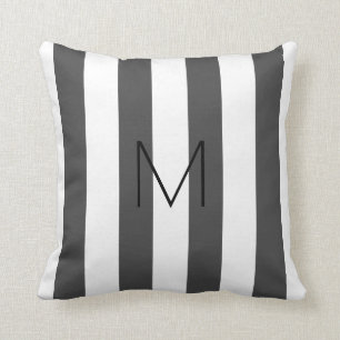 Modern dark gray white stripes monogrammed cushion