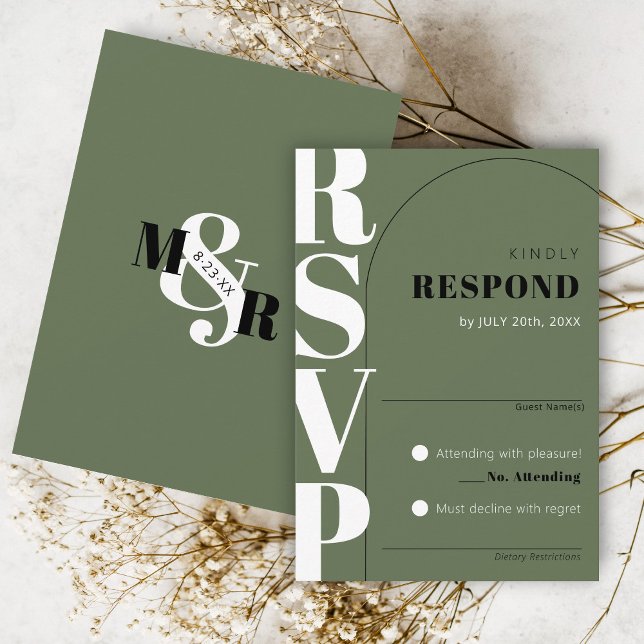 Modern Dark Green Ampersand Arch Wedding RSVP Card (Classy arch matching olive green modern wedding invitation RSVP card ampersand monogram black white)