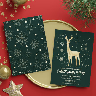 Modern Dark Green and Gold Elegant Deer Xmas Party Invitation