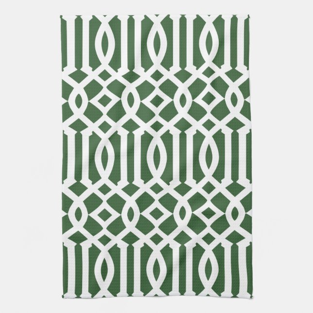 Modern Dark Green and White Trellis Pattern Tea Towel (Vertical)