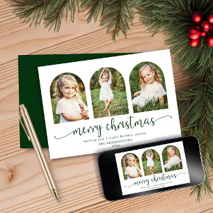Modern Dark Green Arch 3 Photo Christmas Holiday Card