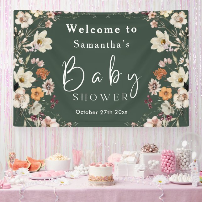 Modern Dark Green Boho Wildflower Baby Shower Banner (Party)