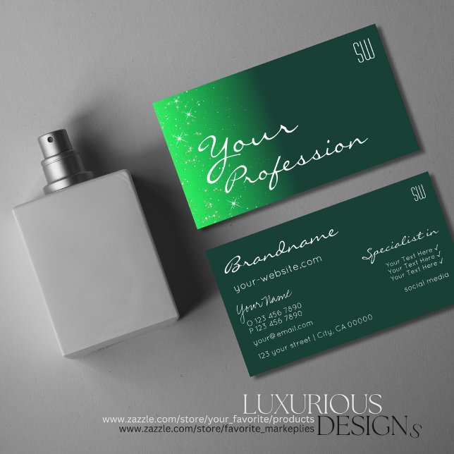 Modern Dark Green Chic Glitter Stars with Monogram Business Card (Creator Uploaded)
