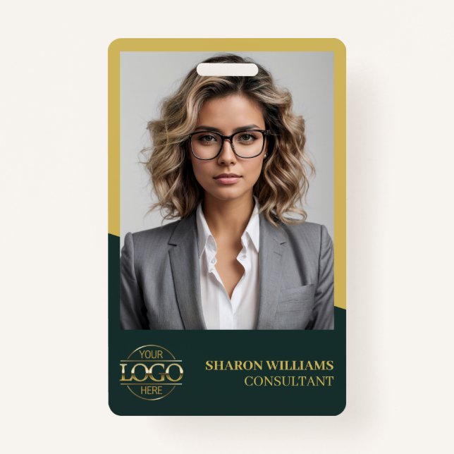 Modern Dark Green Employee Photo & Company Logo ID Badge (Front)