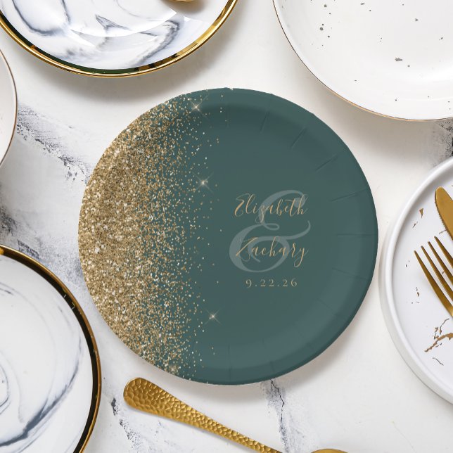 Modern Dark Green Gold Glitter Edge Wedding Paper Plate (Creator Uploaded)