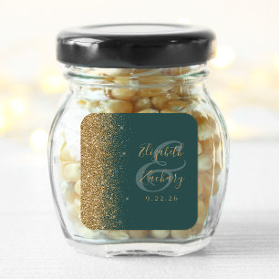 Modern Dark Green Gold Glitter Edge Wedding Square Sticker