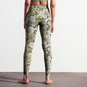 Modern Dark Green Olive FLoral Pattern Printed Leggings