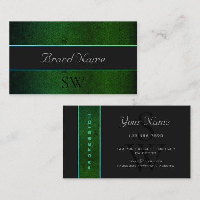 Modern Dark Green Pattern Grey Black Monogram Business Card (Front/Back)