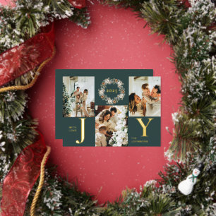 Modern Dark Green Photo Collage Joy Christmas