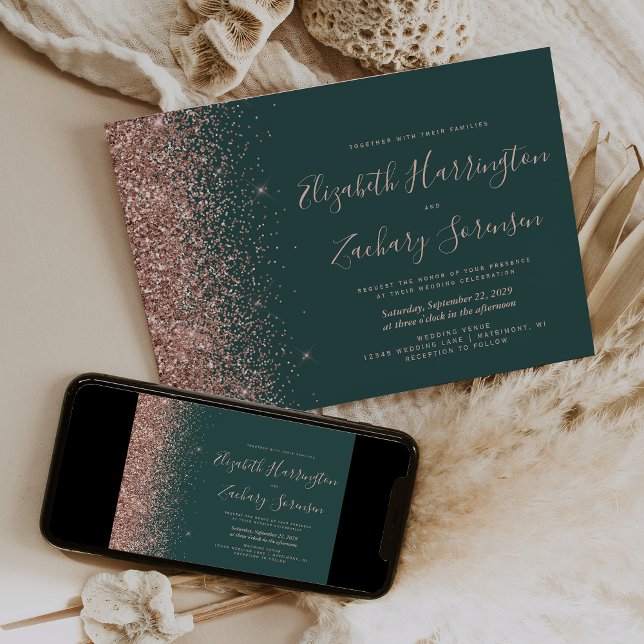 Modern Dark Green Rose Gold Glitter Wedding Invitation (Creator Uploaded)