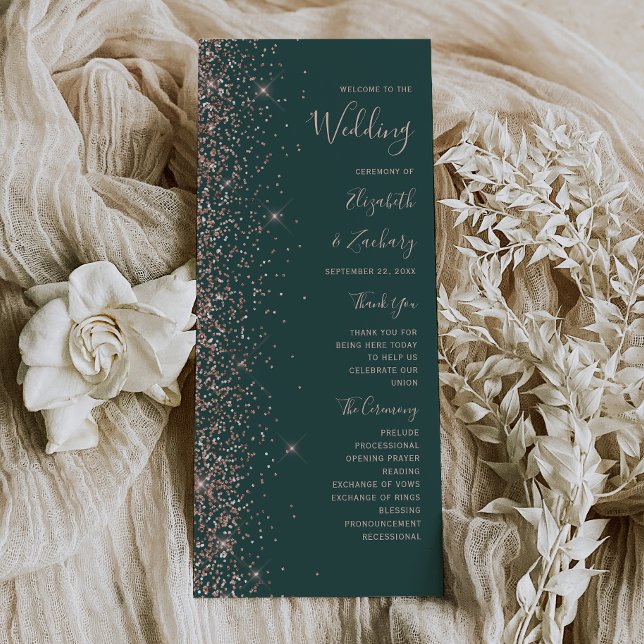 Modern Dark Green Rose Gold Glitter Wedding Programme (Creator Uploaded)