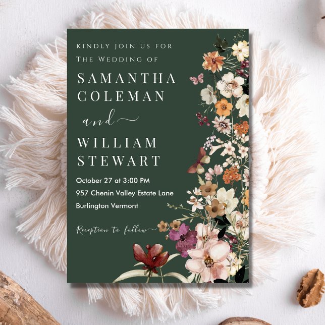 Modern Dark Green Rustic Boho Wildflower Wedding Invitation (Creator Uploaded)