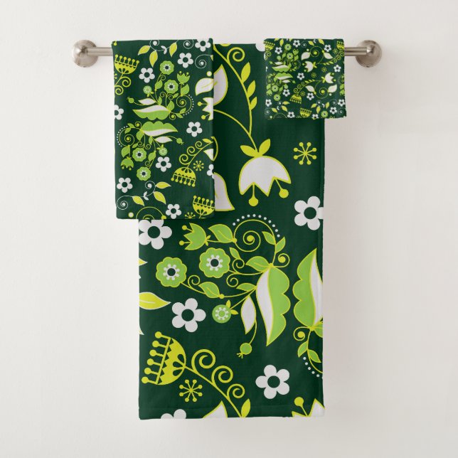 Modern Dark Green Scandinavian Floral Pattern Bath Towel Set (Insitu)