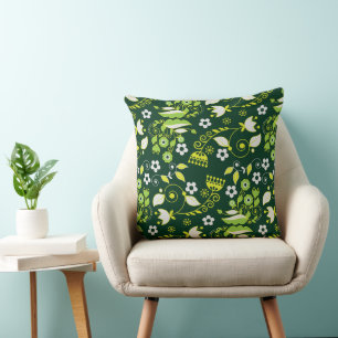 Modern Dark Green Scandinavian Floral Pattern Cushion