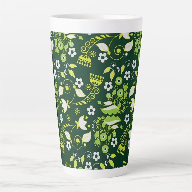 Modern Dark Green Scandinavian Floral Pattern Latte Mug (Front)