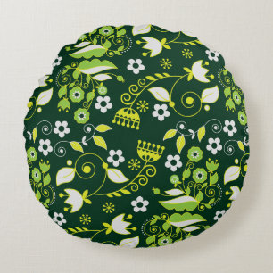 Modern Dark Green Scandinavian Floral Pattern Round Cushion