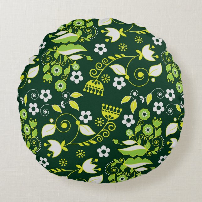 Modern Dark Green Scandinavian Floral Pattern Round Cushion (Front)
