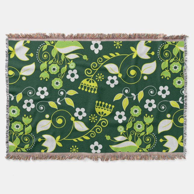 Modern Dark Green Scandinavian Floral Pattern Throw Blanket (Front)