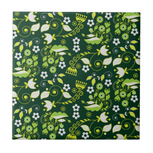 Modern Dark Green Scandinavian Floral Pattern Tile
