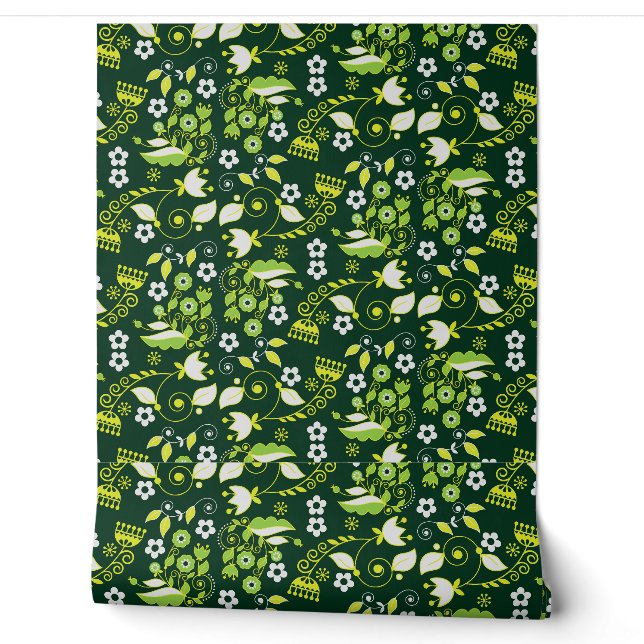 Modern Dark Green Scandinavian Floral Pattern Wallpaper (Unrolling)
