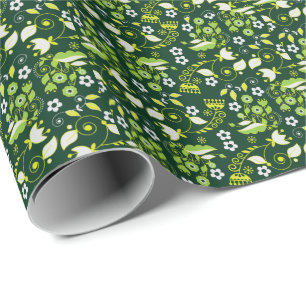 Modern Dark Green Scandinavian Floral Pattern Wrapping Paper
