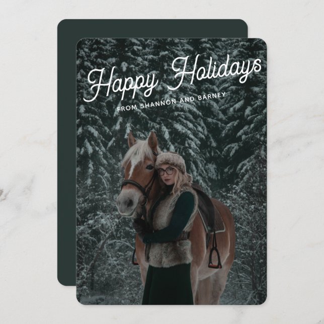 Modern Dark Green Script Equestrian Horse Photo Holiday Card (Front/Back)