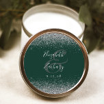 Modern Dark Green Silver Glitter Edge Wedding Classic Round Sticker<br><div class="desc">This elegant modern wedding sticker features a faux silver glitter design on the top and bottom edge. Easily customise the silver grey text on a dark green background,  with the names of the bride and groom in handwriting calligraphy over a large ampersand.</div>