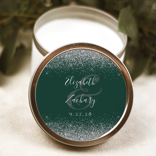 Modern Dark Green Silver Glitter Edge Wedding Classic Round Sticker (Creator Uploaded)