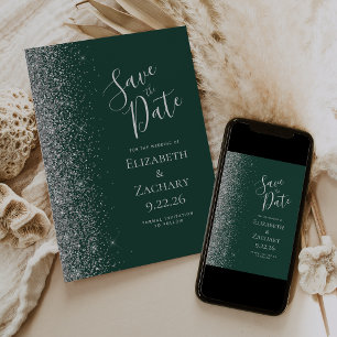 Modern Dark Green Silver Glitter Save the Date Announcement