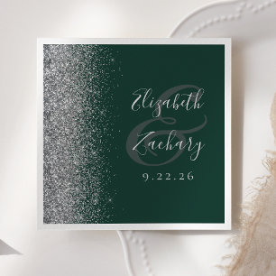 Modern Dark Green Silver Glitter Wedding Napkins