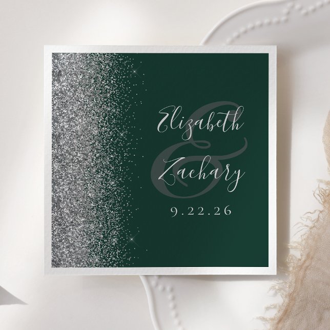 Modern Dark Green Silver Glitter Wedding Napkins (Creator Uploaded)