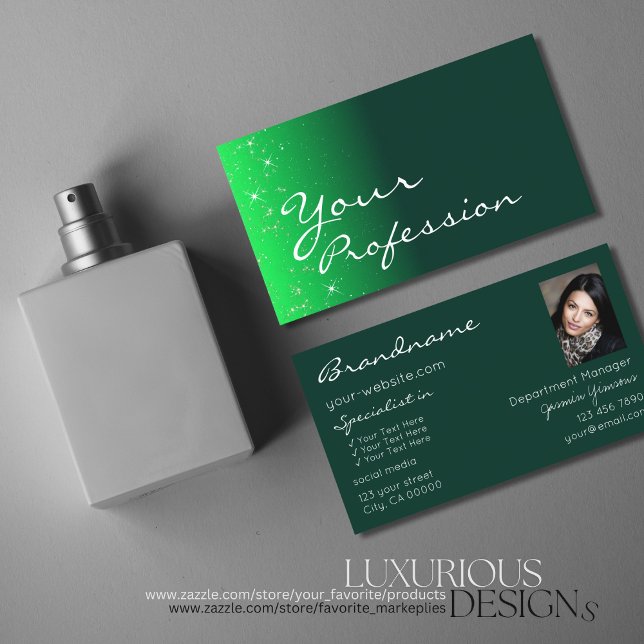 Modern Dark Green Sparkle Glitter Stars with Photo Business Card (Creator Uploaded)