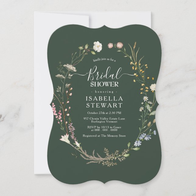 Modern Dark Green Wildflower Elegant Bridal Shower Invitation (Front)