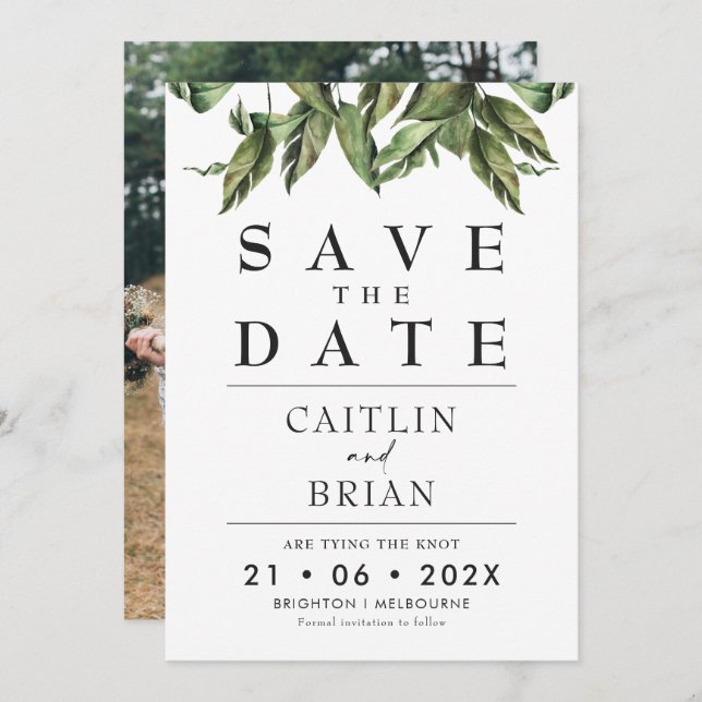 Modern Dark Greenery Wedding Save The Date Invitation (Front/Back)